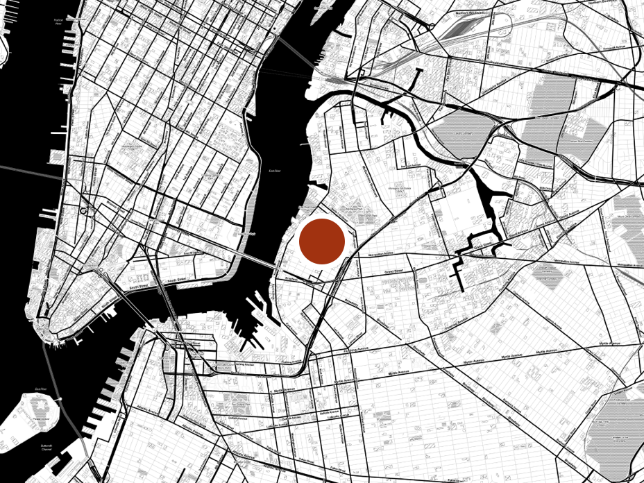 Monochrome map of Lower Manhattan, northern Brooklyn, and the lower parts of Queens, New York, with a pin placed on top of the center of Williamsburg, Brooklyn.