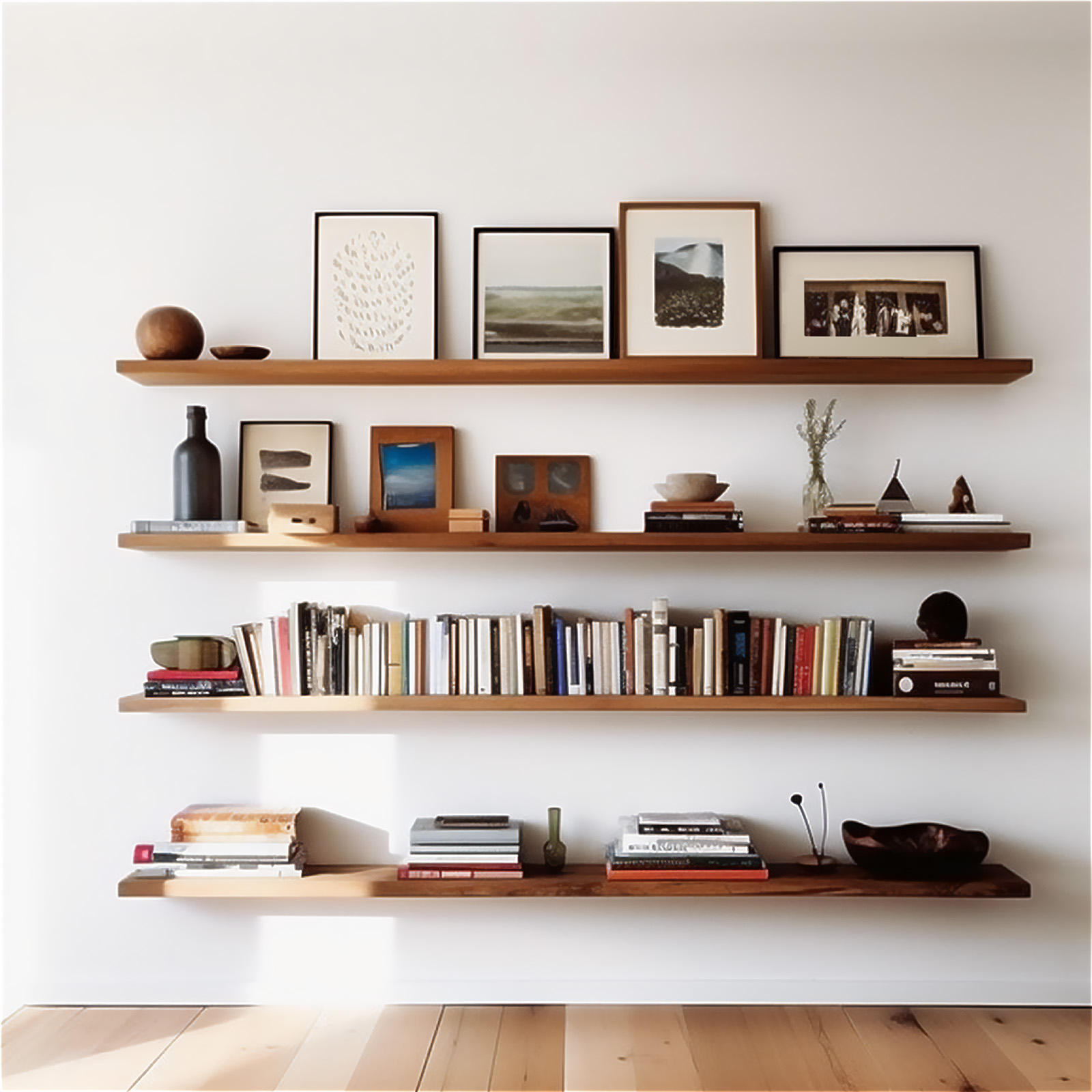 Photograph of a four-tier wall-mounted wooden bookshelf covered in various framed artwork, books, and other artifacts.